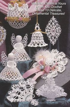 crochet patterns for christmas ornaments, including angel hats and other holiday decor items