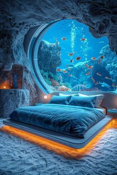 an underwater bedroom with a bed and fish in the water, under a large window