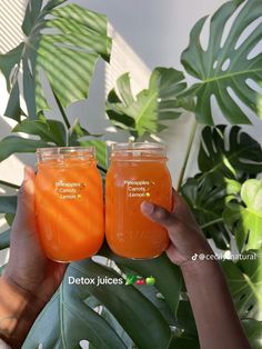 two people holding up jars filled with orange liquid next to green plants and leaves in the background