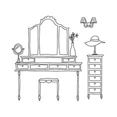 a black and white drawing of a dressing table