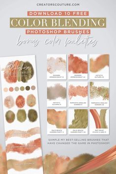 the color blending photoshop brushes bundle is shown in gold, orange and green tones