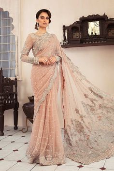 Buy the latest Pakistani Powder Pink Saree Wedding Dress in a premium Net. The beautiful Saree Dress is available Online. Fast Shipping. Custom Sizes. Saree Pallu, Pure Chiffon Sarees, Chiffon Sleeves, Sisters Dress, Maria B, Chiffon Collection, Pure Chiffon, Embroidered Organza