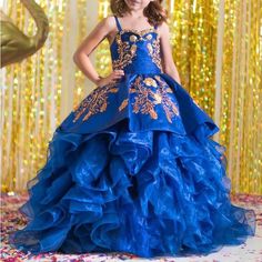 Corset Back, Adjustable Size, Can Go Up Or Down Two Sizes Taffeta And Organza Fabric Royal Blue With Gold Details Charro Dress, Short Ruffled Dress, Beaded Flower Girl Dress, Tulle Dress Short, Beautiful Ball Gowns, Beautiful Ball, Girls Ball Gown, Red Sleeveless Dress, Quince Ideas