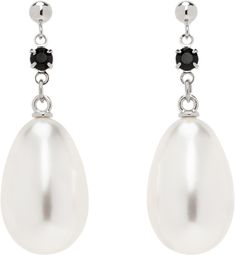 Pair of drop earrings in steel. · Prong-set black cubic zirconia at face · Faux-pearl at drop · H1.5 x W0.5' Supplier color: Ivory/Silver/Black Ivory Earrings, Silver Pearl Earrings, Black Steel, Silver Pearls, Color Ivory, Prong Setting, Faux Pearl, Apparel Accessories, Cubic Zirconia