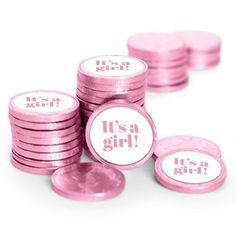 it's a girl baby shower token cards with pink foil coins on white background