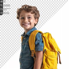 a young boy wearing a yellow backpack and smiling at the camera with his hands in his pockets