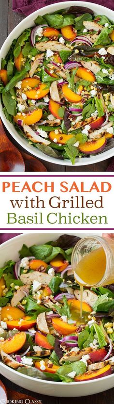 peach salad with grilled chicken and basil dressing