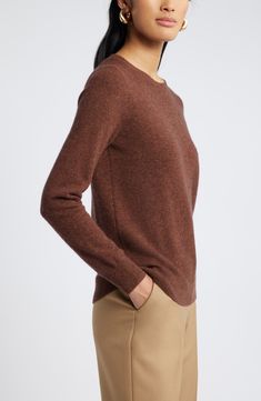 Every closet craves this classic cashmere sweater full of warmth and polish. 24 1/2" length (size Medium) Crewneck Long sleeves 100% cashmere Dry clean Imported Brown Fine Knit Cashmere Sweater, Elegant Everyday Wool Sweater, Classic Brown Cashmere Top, Classic Cashmere Tops For Fall, Brown Brick, Brown Sweater, Cashmere Sweater, Cashmere Sweaters, Cashmere