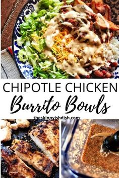 chicken burritos with sauce and lettuce on top are shown in this collage