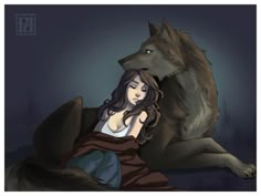 a woman laying on top of a bed next to a wolf