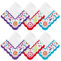 six paper napkins with colorful designs on them