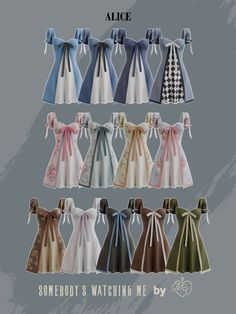 an assortment of different colored dresses with bows