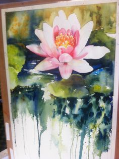 a painting of a pink flower on top of green water lilies in a pond