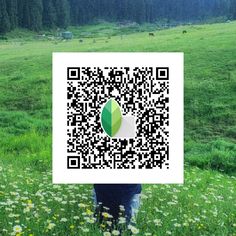 a person standing in a field holding up a qr code