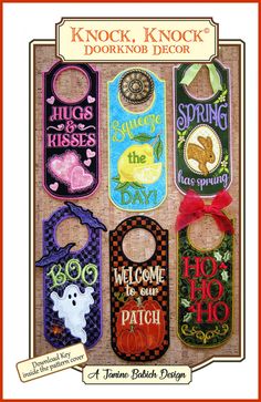 Knock, Knock Doorknob Decor Downloadable Pattern by Janine Babich Designs Christmas Bazaar, Doorknob Hangers, Copyright Law, Christmas Canvas, Garden Club, Book Quilt, Jpg Images, Machine Embroidery Patterns, Door Knob