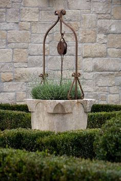 a potted planter sitting in the middle of a stone garden area with hedges