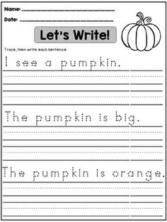 the worksheet for writing pumpkins is shown in black and white, with an orange