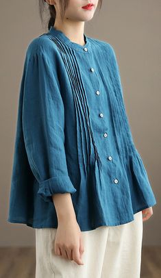 French Blue Blouse Stand Collar Cinched Art Spring Top Loose Top Outfit, New Style Tops, Outfit For Travel, Linen Tunic Tops, Half Sleeve Dresses, French Blue, Spring Tops, Woven Top, Top Fabric