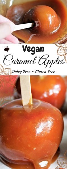 vegan caramel apples on a stick in front of some other apples with the title overlay