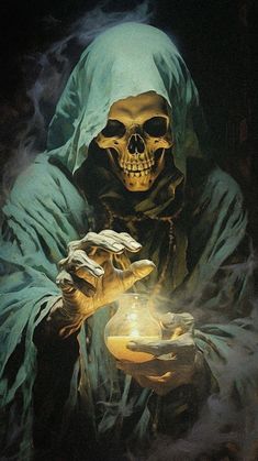 a painting of a skeleton holding a lit candle in his hand and wearing a green robe