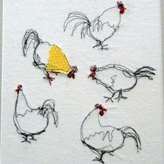 chickens and roosters are drawn on white paper with yellow polka dot trim around them