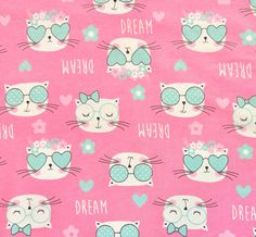 Dream Cats on Pink Flannel Brand: Fabric Merchants Fabric Type: Flannel Fiber content: 100% cotton Weight: lightweight  Width: 43 inches  Length: available in quarter, half and full yards  To order multiple yard lengths: 1. Select "full yard" from drop-down menu 2. Add item to your cart 3. At check out, you'll be able to select how many yards you'd like. Multiple yards will ship in one continuous piece, up to 12 yards  *actual colors may vary due to differences in computer and device screens. If you are concerned about a color match, please message me before ordering* Pink Flannel, Dream's Cat, Wearing Glasses, Flannel Fabric, Flower Heart, Floral Flowers, Fabric By The Yard, Color Matching, Cats And Kittens