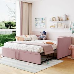 a child's bedroom with a pink bed and toy animals on the floor next to it