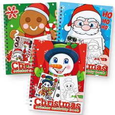 three christmas coloring books with santa claus and snowman on the cover, one for children to color