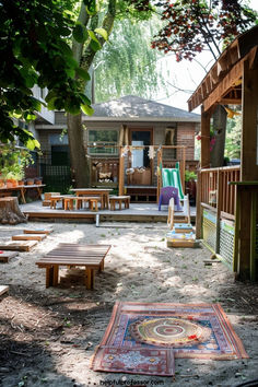 an outdoor play area with picnic tables and swings in the background, surrounded by trees