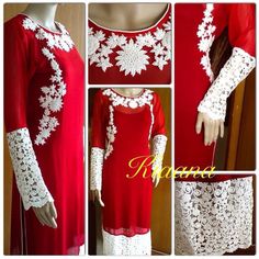 Red And White Kurti, White Kurti Design, White Dress Design, White Kurti, Lace Suit, Lace Dress Design, Red And White Dress