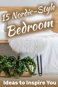 a bed with white sheets, pillows and plants in wooden planters on the side