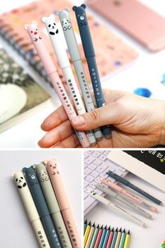 four different types of pencils with panda faces on them, one is pink and the other is blue