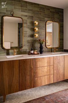 Primary ensuite bathroom with double walnut vanity, brass framed mirrors, brass lighting and brass plumbing fixtures. Green subway tiles like the sink wall, tub, and shower. Sage Green Tile Bathroom, Double Vanity Mirror Ideas, Sage Green Tile, Double Vanity Mirror, Vanity Mirror Ideas, Green Bathroom Tile, West Of Main, Elegant Bathroom Design