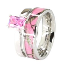 two wedding rings with pink camo inlays and a princess's diamond