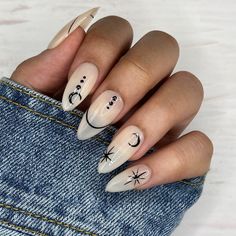 Almond Nails Witchy Designs, Elegant Black Matte Nails, Fleetwood Mac Inspired Nails, Almond Nails Astrology, Almond Concert Nails, Moon Phase Nails Design, Snake And Moon Nails, Moon And Stars Manicure, Moon Design On Nails