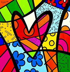 an abstract painting with many colors and shapes on it's surface, including the letter v