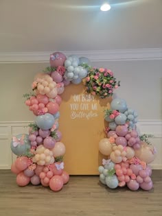 Butterfly baby shower with florals Spring Ballon Decoration, Two Arch Backdrop With Balloons, Butterfly Baby Shower Balloon Garland, Butterfly Balloon Decor, Flowers In Balloon Garland, Balloon And Floral Arch, Enchanted Garden Balloon Garland, Balloon Garlands With Flowers, Balloon Arch With Butterflies