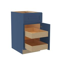 a blue cabinet with two drawers in it