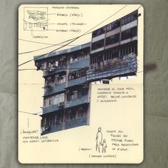 an architectural drawing of a tall building with balconies and windows on the upper floor