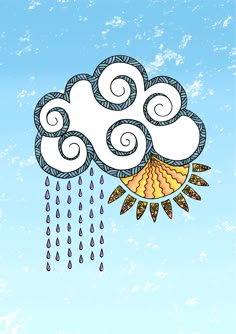 a drawing of a cloud with rain coming from it