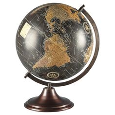 a black and gold globe on a stand with the world in it's center