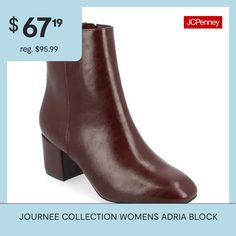 Introducing adria, a classic and versatile bootie from the Journee Collection. Made from luxe vegan leather, this bootie features a 2 1/4 in covered block heel, inside zipper, and soft square toe, making it perfect for any occasion. The 4 mm tru comfort foam insole ensures maximum comfort, making adria a must-have addition to any wardrobe.Features: ComfortClosure Type: ZipperFootwear Technology: Memory Foam InsoleShaft Circumference: 10 1/2 InchesBoot Shaft Height: 5 1/2 InchesShoe Heel Height:… Journee Collection, Bootie Boots, Block Heels, Memory Foam, Vegan Leather, Heel Height, Heels, Boots, Leather