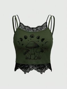 Mushroom Print Contrast Lace Cami Top Army Green Casual   Rib knit Graphic Cami Medium Stretch  Women Clothing, size features are:Bust: ,Length: ,Sleeve Length: Earth Punk Fashion, Tank Tops With Lace, Dream Clothes Grunge, Green Grunge Clothes, Emo Clothes Women, Grunge Shein Outfits, Taurus Clothing Style, Cute Cami Tops, Cute Emo Clothes