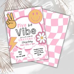 Gather your crew and get ready to  party with these cool five is an vibe invitations! This fun and unique invitation features a preppy skater smiley design that is perfect for any little ones birthday party. The invitation has two sides and can be edited in Canva and then sent digitally or printed  to send to guests with the convenience of this instant download. Words can be changed to say Two rad, rad one, young wild and three  THIS IS A DIGITAL CANVA TEMPLATE. YOU WILL NOT RECEIVE A PHYSICAL I Birthday Party Preppy, Smiley Design, Preppy 90s, 5th Birthday Party, Smiley Happy, 5th Birthday Party Ideas, Boy Birthday Party Themes, Pink Theme