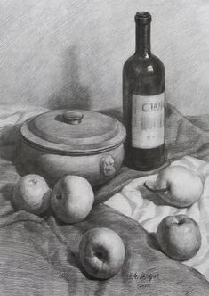 a drawing of apples and a bottle sitting on a tablecloth with a cloth next to it