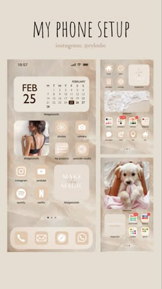 a phone setup with icons and buttons for the user's phone screen, including an image of a woman holding a dog