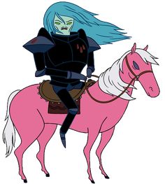 a cartoon character riding on the back of a pink horse with blue hair and makeup