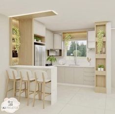 a modern kitchen with white counter tops and wooden chairs in front of the bar area