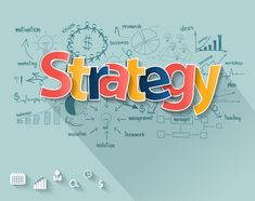 the word strategy written in colorful letters on a light blue background with icons and symbols