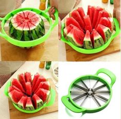 four pictures showing how to cut watermelon into slices with a grater and slicer